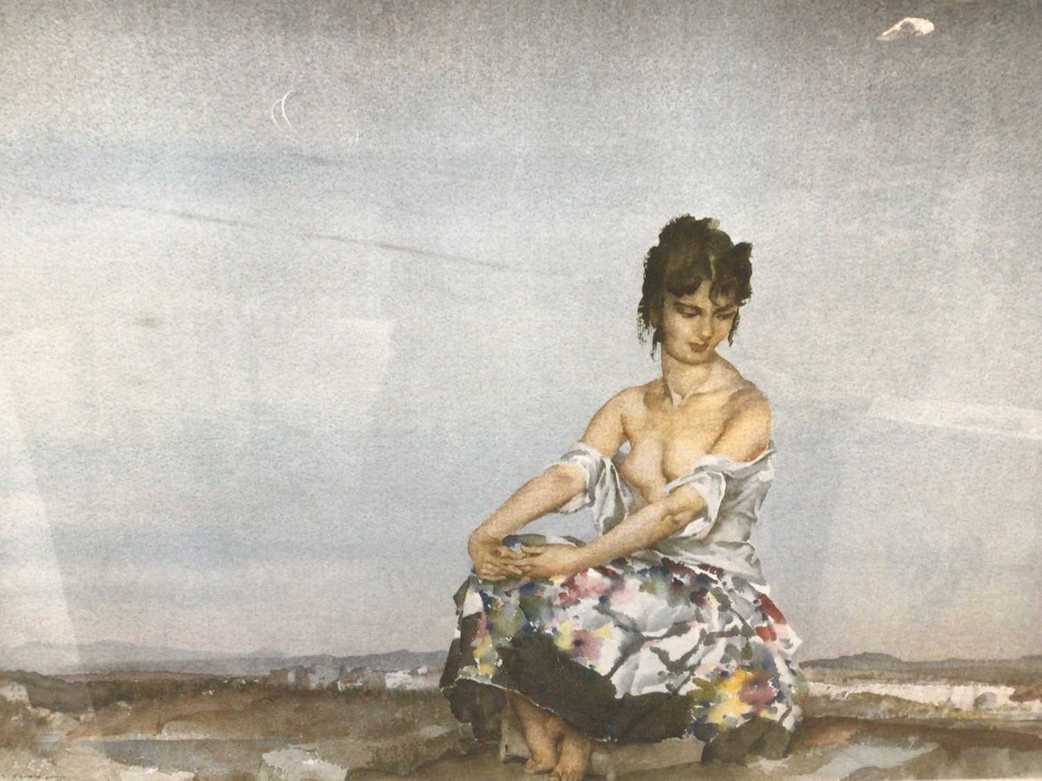 Lot 270 - William Russell Flint (1880-1969) limited edition colour print - seated female figure in landscape, 207/850, with WRF Galleries blindstamp, 46cm x 63cm, in glazed frame