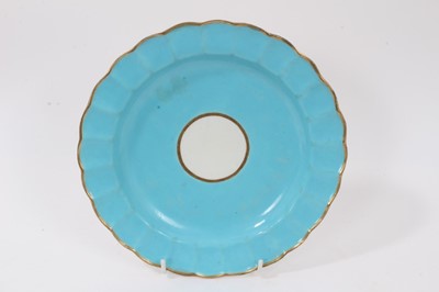 Lot 79 - A Worcester turquoise ground lozenge shaped dish, a saucer dish and a plate, circa 1770