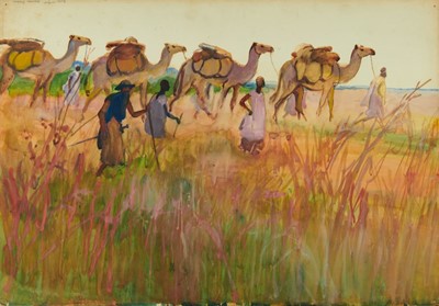 Lot 1212 - *Gerald Spencer Pryse (1882-1956) watercolour - Camel Caravan, 54cm x 77cm, titled verso, unframed