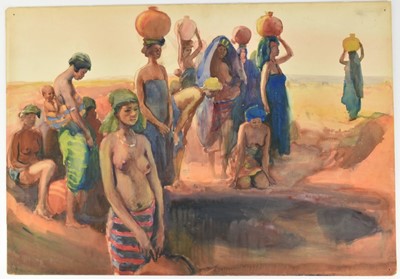 Lot 1215 - *Gerald Spencer Pryse (1882-1956) watercolour - Women at the Well, Kano, 54cm x 77cm, titled verso, unframed