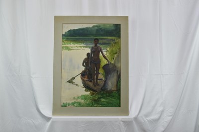 Lot 1217 - *Gerald Spencer Pryse (1882-1956) watercolour - Sheba canoe girls, 54cm x 38cm, titled verso, with mount