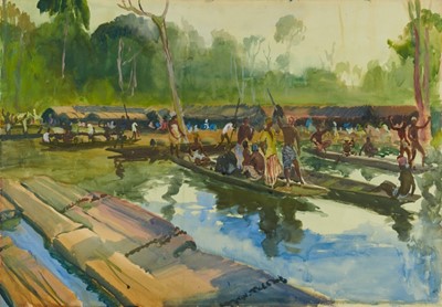 Lot 1218 - *Gerald Spencer Pryse (1882-1956) watercolour - Mahogany timber rafts, 54cm x 77cm, titled verso, unframed