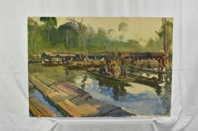 Lot 1218 - *Gerald Spencer Pryse (1882-1956) watercolour - Mahogany timber rafts, 54cm x 77cm, titled verso, unframed