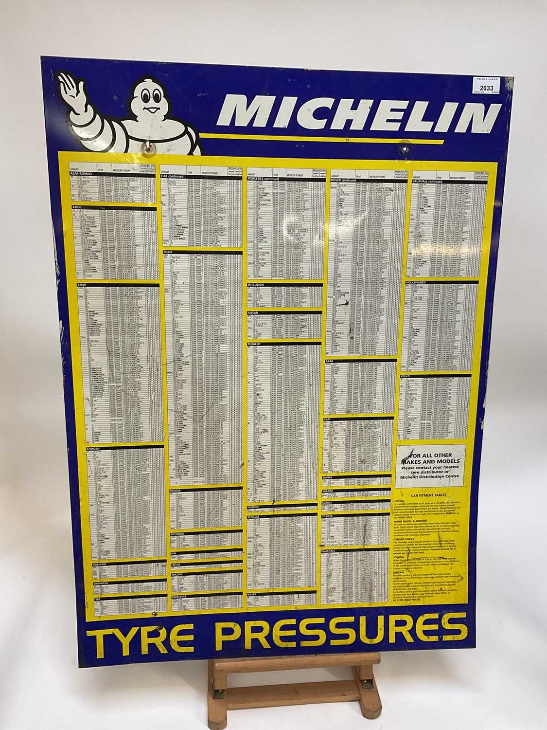 Lot 2033 Michelin tyre pressures aluminium sign