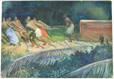 Lot 1219 - *Gerald Spencer Pryse (1882-1956) watercolour - Timber pullers, Oluwa river, 54cm x 77cm, titled verso, unframed