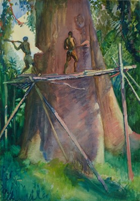 Lot 1220 - *Gerald Spencer Pryse (1882-1956) watercolour - Felling Mahogany Tree, 77cm x 54cm, titled verso, unframed