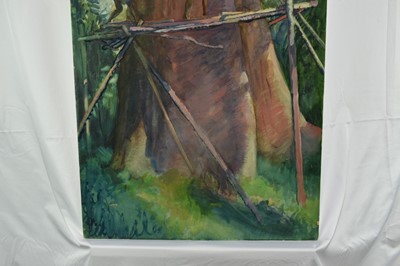 Lot 1220 - *Gerald Spencer Pryse (1882-1956) watercolour - Felling Mahogany Tree, 77cm x 54cm, titled verso, unframed