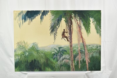 Lot 1221 - *Gerald Spencer Pryse (1882-1956) watercolour - Cutting down banga, Okitipupa, 54cm x 77cm, titled verso, unframed 
Inscribed verso: 'Jegede gathering banga from oil palm. The head of the fruit is...
