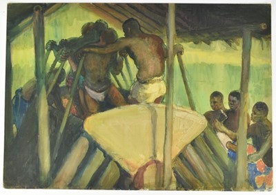 Lot 1222 - *Gerald Spencer Pryse (1882-1956) watercolour - The treading out of palm oil from banga, Aiyede, 54cm x 77cm, titled verso, unframed