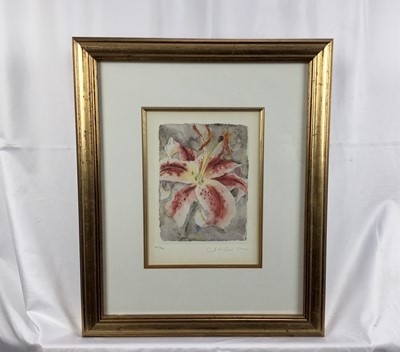 Lot 9 - Contemporary pair of signed limited edition prints - Lily 407/500 and Flower in vase 114/500, both 20cm x 14cm, signed indistinctly, mounted in gilt frames (45cm x 37cm overall)