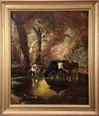 Lot 33 - English School 20th century oil on canvas - cattle in woodland, signed 'C. J. Weeks', 60cm x 50cm, in gilt frame