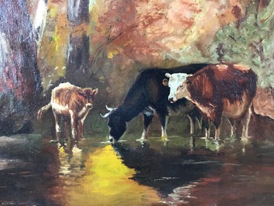 Lot 33 - English School 20th century oil on canvas - cattle in woodland, signed 'C. J. Weeks', 60cm x 50cm, in gilt frame