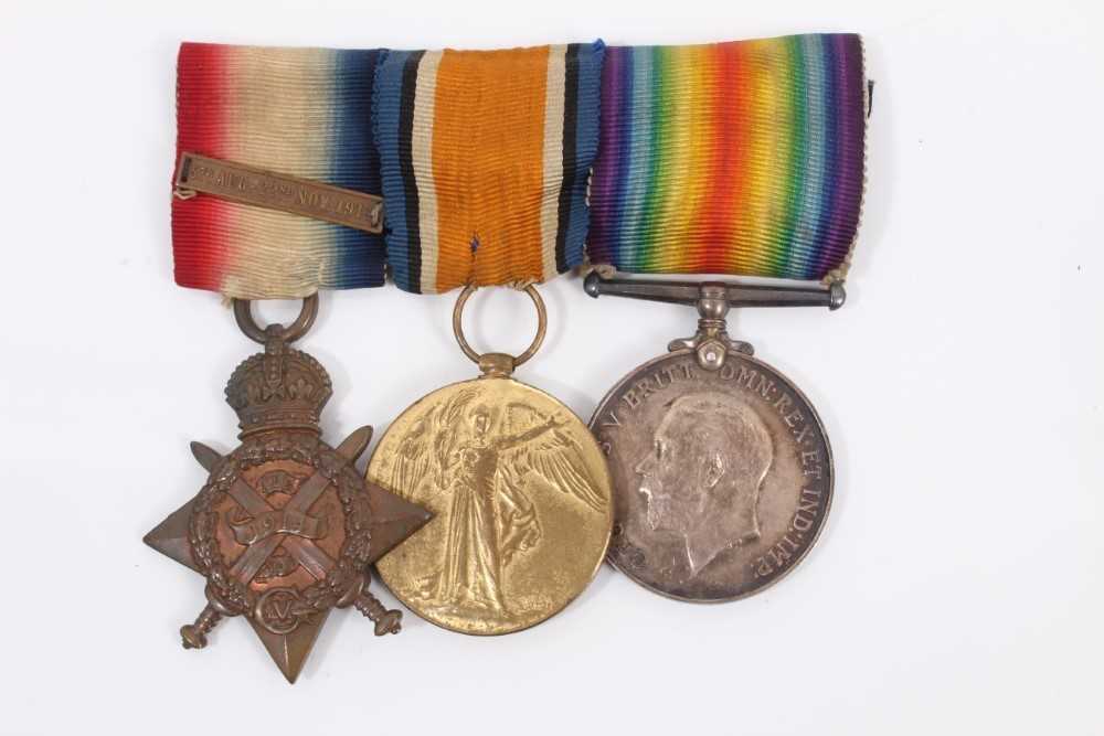 Lot 465 - First World War 'Mons Star' trio comprising, 1914 - 15 Star with 5th Aug. - 22nd. Nov. 1914 clasp, named to TS - 438 Farr. W. E. Hughes. A.S.C., War and Victory medals named to TS - 438 CPL. W. E....