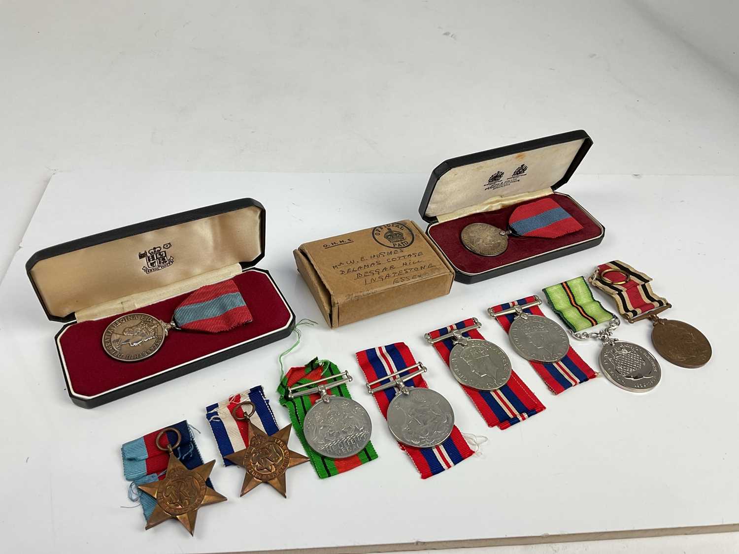 Lot 467 - Second World War medal group comprising 1939 -  1945 Star, France and Germany Star, Defence and War medals in box of issue named to Mr W. E. Hughes, Delmas Cottage, Beggar Hill, Ingatestone, Essex....
