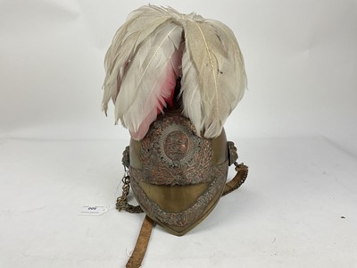 Lot 500 - Scarce Victorian Afghan Artillery Albert Pattern helmet with brass skull and copper helmet plate and scrollwork, lions head bosses with chin chain ( liner lacking) with associated feather plume