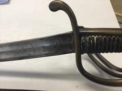 Lot 901 - Scarce late 18th century Continental probably French Light Cavalry trooper's sabre with brass three bar hilt, curved multi- fullered blade with traces of etched man in the moon and other symbols in...