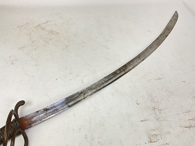 Lot 901 - Scarce late 18th century Continental probably French Light Cavalry trooper's sabre with brass three bar hilt, curved multi- fullered blade with traces of etched man in the moon and other symbols in...