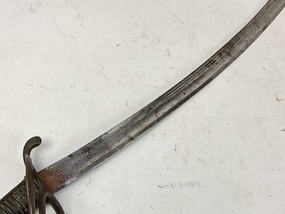 Lot 901 - Scarce late 18th century Continental probably French Light Cavalry trooper's sabre with brass three bar hilt, curved multi- fullered blade with traces of etched man in the moon and other symbols in...