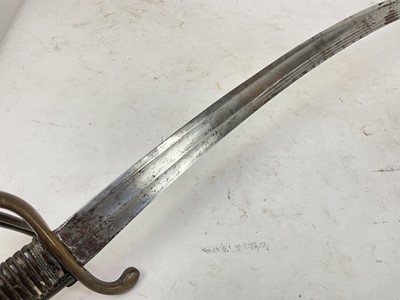 Lot 901 - Scarce late 18th century Continental probably French Light Cavalry trooper's sabre with brass three bar hilt, curved multi- fullered blade with traces of etched man in the moon and other symbols in...