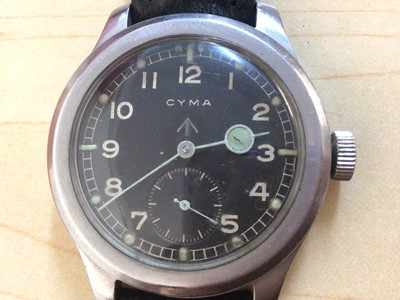 Lot 475 - Second World War or possibly later British Military issue Cyma wristwatch in stainless steel case with black Arabic numerical dial, luminous hour markers and subsidiary second dial, later leather s...