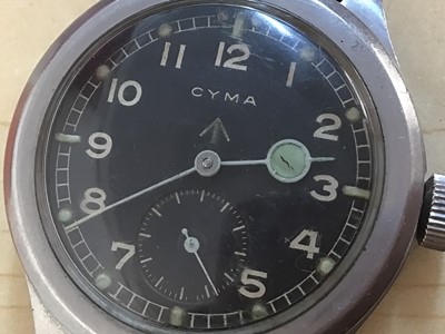 Lot 475 - Second World War or possibly later British Military issue Cyma wristwatch in stainless steel case with black Arabic numerical dial, luminous hour markers and subsidiary second dial, later leather s...