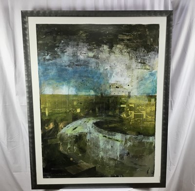 Lot 50 - *Richard Walker large mixed media on paper - City of London view with River Thames in foreground, part of a series circa 2005 all 122cm x 92cm in glazed frames (142cm x 112cm overall)