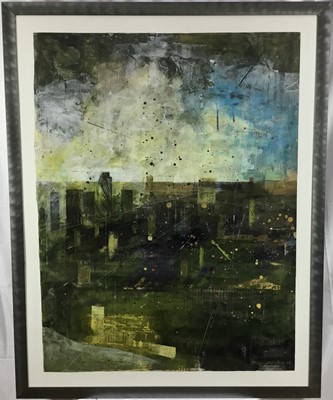 Lot 51 - *Richard Walker large mixed media on paper - City of London view with River Thames in foreground, part of a series circa 2005 all 122cm x 92cm in glazed frames (142cm x 112cm overall)