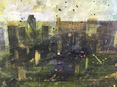 Lot 51 - *Richard Walker large mixed media on paper - City of London view with River Thames in foreground, part of a series circa 2005 all 122cm x 92cm in glazed frames (142cm x 112cm overall)