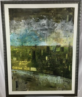 Lot 52 - *Richard Walker large mixed media on paper - City of London view with River Thames in foreground, part of a series circa 2005 all 122cm x 92cm in glazed frames (142cm x 112cm overall)