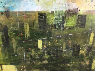 Lot 52 - *Richard Walker large mixed media on paper - City of London view with River Thames in foreground, part of a series circa 2005 all 122cm x 92cm in glazed frames (142cm x 112cm overall)