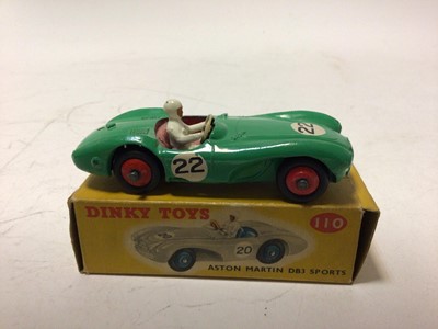 Lot 35 - Dinky Aston Martin DB3 Sports Car No 110, in two different colourways, Green and Grey, both in original boxes (2)