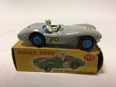 Lot 35 - Dinky Aston Martin DB3 Sports Car No 110, in two different colourways, Green and Grey, both in original boxes (2)