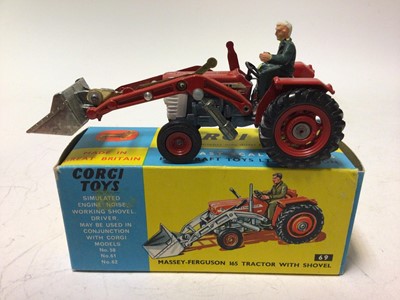 Lot 47 - Corig Fordson Power Major tractor No.60 Massey Ferguson 65 tractor No.50, Massey Ferguson 165 tractor with shovel No.69, Land Rover Breakdown Truck No.417, all boxed (4)