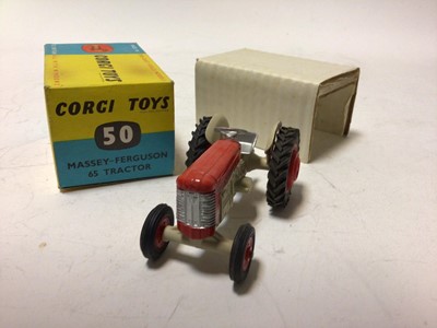 Lot 47 - Corig Fordson Power Major tractor No.60 Massey Ferguson 65 tractor No.50, Massey Ferguson 165 tractor with shovel No.69, Land Rover Breakdown Truck No.417, all boxed (4)