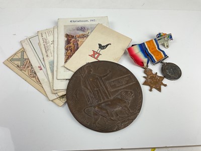 Lot 478 - First World War Memorial (death) plaque named to John Walter Francis, together with 1914 -  15 Star and War medals named to 9595 PTE. H. M. King. SCO. RIF., together with a group of First World War...