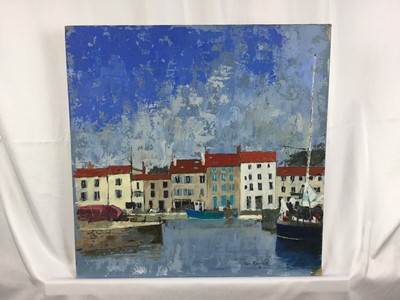 Lot 3 - Ken Eastall, contemporary, oil on board - Harbour View, signed and dated '11, 40cm square, unframed