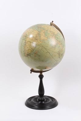 Lot 2400 - A fine quality Greaves & Thomas facsimile of the Merzbach & Falk, Brussels 1881 globe, on turned ebonised base, 22 inches total height, diameter approx 11 1/2 inches