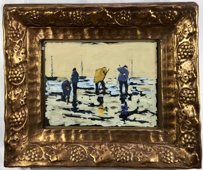 Lot 4 - Ken Eastall, contemporary, oil on board - Fisherfolk on the Shore, signed and dated '14, 31cm x 40cm, in glazed gilt frame