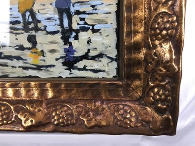 Lot 4 - Ken Eastall, contemporary, oil on board - Fisherfolk on the Shore, signed and dated '14, 31cm x 40cm, in glazed gilt frame