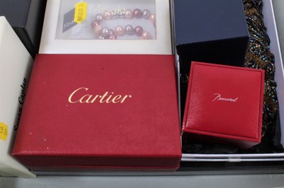Lot 804 - Group of vintage and later costume jewellery including empty Cartier box, Trifari gilt metal pendant necklace, Baccarat glass ring in box, beadwork scarf, other various bead necklaces and bijouterie