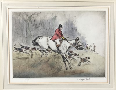 Lot 260 - Henry Wilkinson (1921-2011) signed limited edition coloured etching - Hunting scene, 132/150, 28cm x 36cm, in glazed frame