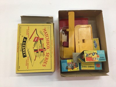 Lot 1916 - Die Cast boxed selection including Matchbox Sales and Service Station, Matchbox Ford Anglia n0.7, Corgi Toys Forward Control Jeep FC 150 with detactable hood no.470, Massey Ferguson 165 Tractor no....