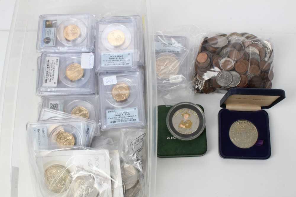 Lot 184 - World - Mixed coinage to include U.S. silver Dollars PCGS slabbed and graded 1879, 1922, 1988D (N.B. Olympics) G.B. silver proof Crown