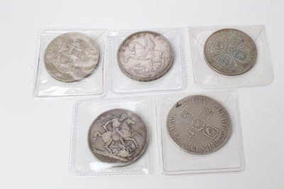 Lot 189 - G.B. - Mixed silver coins to include Crowns William III 1696 (N.B. Reverse die flaw) otherwise GF, Victoria JH 1890 (N.B. Edge bruises) otherwise VG, George V 1935 EF, George VI 1937 GVF & Victoria...