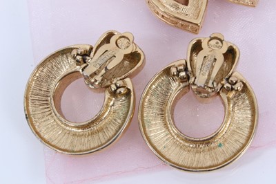 Lot 802 - Two pairs of 1980s Givenchy gilt metal clip on earrings, pair of Sarah Coventry clip on earrings and pair of Lanvin gem set half hoop earrings in box