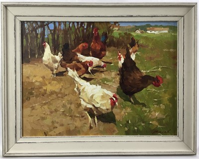Lot 106 - Sergei Menyaev (b.1953), 'Free range chicken', oil on canvas, framed, 30cm x 40cm