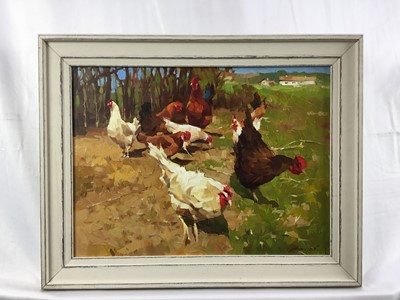 Lot 106 - Sergei Menyaev (b.1953), 'Free range chicken', oil on canvas, framed, 30cm x 40cm