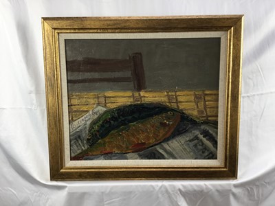 Lot 107 - Valeri Komarov (b.1947), 'Good Catch', oil on board, framed, 38cm x 47cm