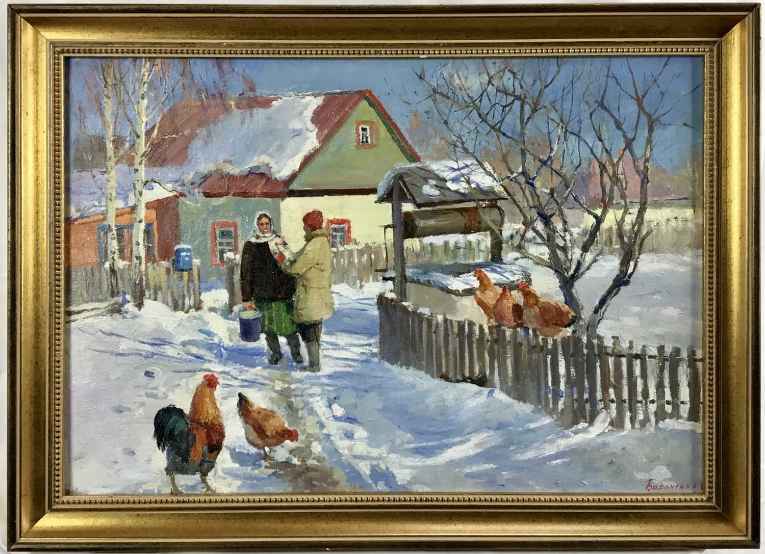 Lot 108 - Vitali Baranenko (Ukrainian, b.1965) 'Neighbours talk by the well', 2015, oil on canvas, framed, 43cm x 62cm