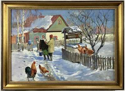 Lot 108 - Vitali Baranenko (Ukrainian, b.1965) 'Neighbours talk by the well', 2015, oil on canvas, framed, 43cm x 62cm